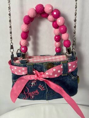 Girls Pink Denim Princess Purse with Beaded Handle